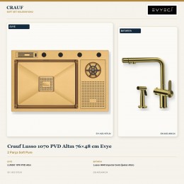 Crauf Lusso 1070 PVD Altın 76×48 cm Evye + Lusso 4040 Imperial Gold (İpeksi Altın) Batarya | 2 Parça Soft Pure