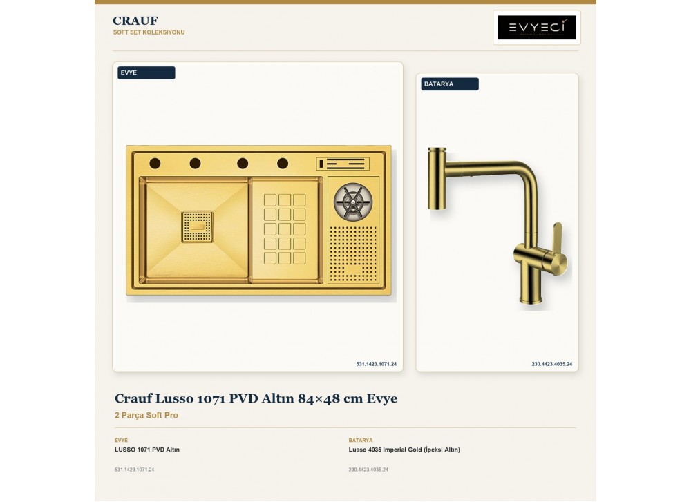 Crauf Lusso 1071 PVD Altın 84×48 cm Evye + Lusso 4035 Imperial Gold (İpeksi Altın) Batarya | 2 Parça Soft Pro