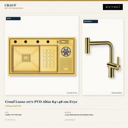 Crauf Lusso 1071 PVD Altın 84×48 cm Evye + Lusso 4035 Imperial Gold (İpeksi Altın) Batarya | 2 Parça Soft Pro