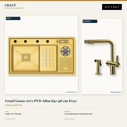 Crauf Lusso 1071 PVD Altın 84×48 cm Evye + Lusso 4040 Imperial Gold (İpeksi Altın) Batarya | 2 Parça Soft Pure