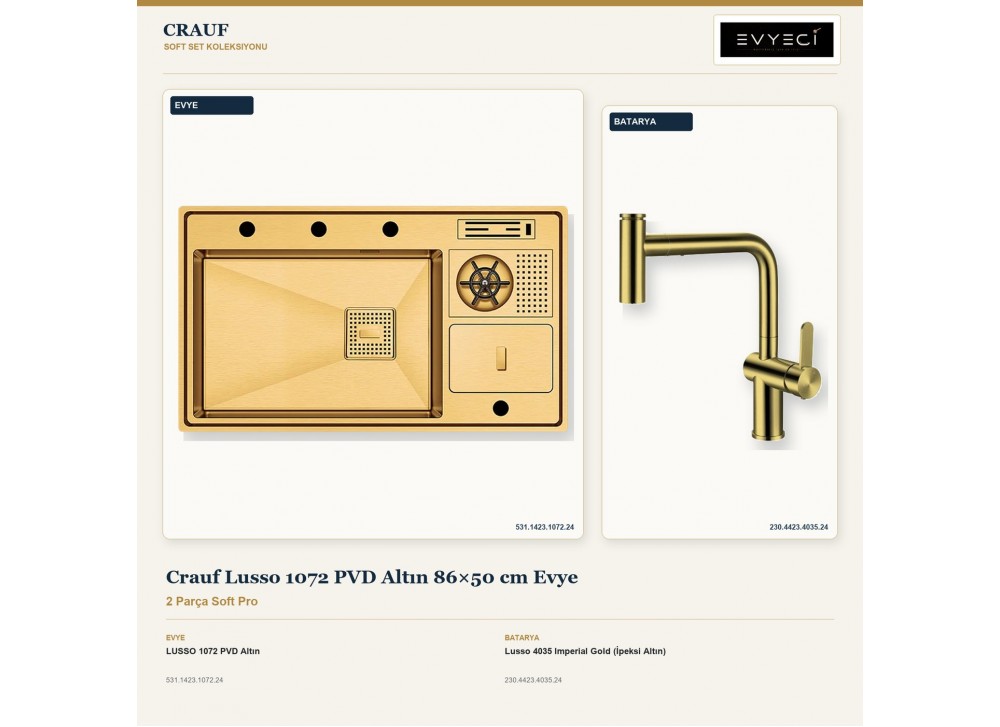 Crauf Lusso 1072 PVD Altın 86×50 cm Evye + Lusso 4035 Imperial Gold (İpeksi Altın) Batarya | 2 Parça Soft Pro