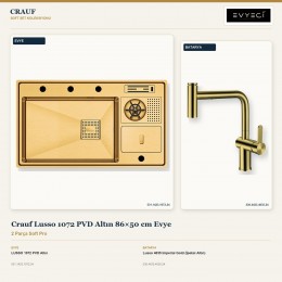 Crauf Lusso 1072 PVD Altın 86×50 cm Evye + Lusso 4035 Imperial Gold (İpeksi Altın) Batarya | 2 Parça Soft Pro