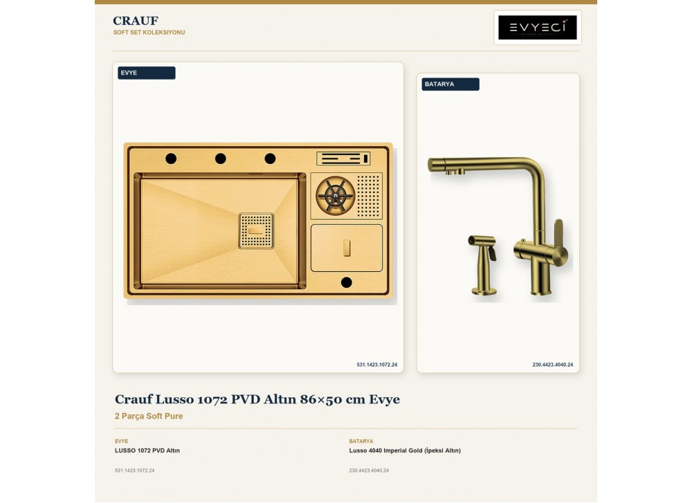 Crauf Lusso 1072 PVD Altın 86×50 cm Evye + Lusso 4040 Imperial Gold (İpeksi Altın) Batarya | 2 Parça Soft Pure