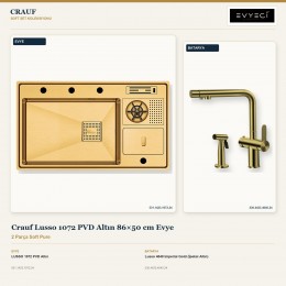 Crauf Lusso 1072 PVD Altın 86×50 cm Evye + Lusso 4040 Imperial Gold (İpeksi Altın) Batarya | 2 Parça Soft Pure