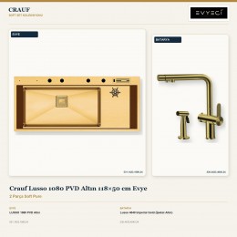 Crauf Lusso 1080 PVD Altın 118×50 cm Evye + Lusso 4040 Imperial Gold (İpeksi Altın) Batarya | 2 Parça Soft Pure