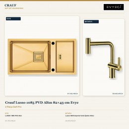Crauf Lusso 1085 PVD Altın 82×43 cm Evye + Lusso 4035 Imperial Gold (İpeksi Altın) Batarya | 2 Parça Soft Pro