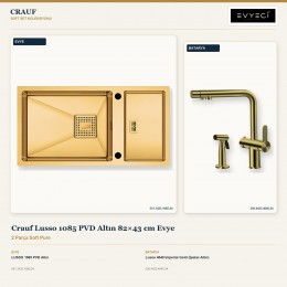 Crauf Lusso 1085 PVD Altın 82×43 cm Evye + Lusso 4040 Imperial Gold (İpeksi Altın) Batarya | 2 Parça Soft Pure