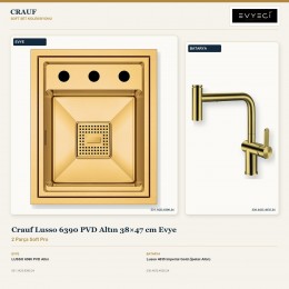 Crauf Lusso 6390 PVD Altın 38×47 cm Evye + Lusso 4035 Imperial Gold (İpeksi Altın) Batarya | 2 Parça Soft Pro