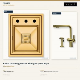 Crauf Lusso 6390 PVD Altın 38×47 cm Evye + Lusso 4040 Imperial Gold (İpeksi Altın) Batarya | 2 Parça Soft Pure