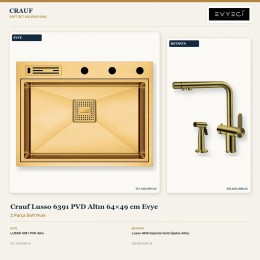 Crauf Lusso 6391 PVD Altın 64×49 cm Evye + Lusso 4040 Imperial Gold (İpeksi Altın) Batarya | 2 Parça Soft Pure