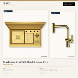 Crauf Lusso 6395 PVD Altın 88×50 cm Evye + Lusso 4035 Imperial Gold (İpeksi Altın) Batarya | 2 Parça Soft Pro