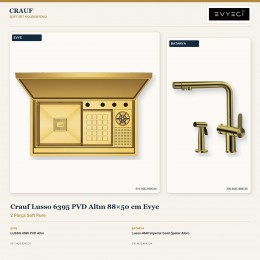 Crauf Lusso 6395 PVD Altın 88×50 cm Evye + Lusso 4040 Imperial Gold (İpeksi Altın) Batarya | 2 Parça Soft Pure