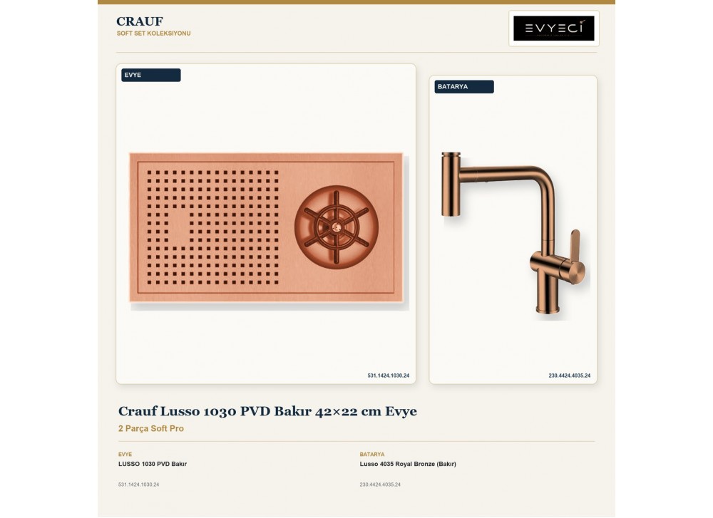 Crauf Lusso 1030 PVD Bakır 42×22 cm Evye + Lusso 4035 Royal Bronze (Bakır) Batarya | 2 Parça Soft Pro Crauf Lusso 1030 PVD Bakır 42×22 cm Evye + Lusso 4035 Royal Bronze (Bakır) Batarya | 2 Parça Soft Pro