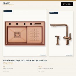 Crauf Lusso 1056 PVD Bakır 86×48 cm Evye + Lusso 4040 Royal Bronze (Bakır) Batarya | 2 Parça Soft Pure
