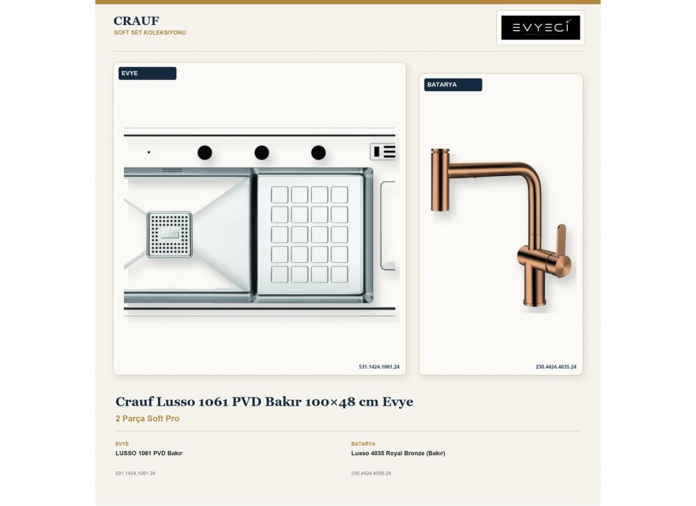 Crauf Lusso 1061 PVD Bakır 100×48 cm Evye + Lusso 4035 Royal Bronze (Bakır) Batarya | 2 Parça Soft Pro Crauf Lusso 1061 PVD Bakır 100×48 cm Evye + Lusso 4035 Royal Bronze (Bakır) Batarya | 2 Parça Soft Pro