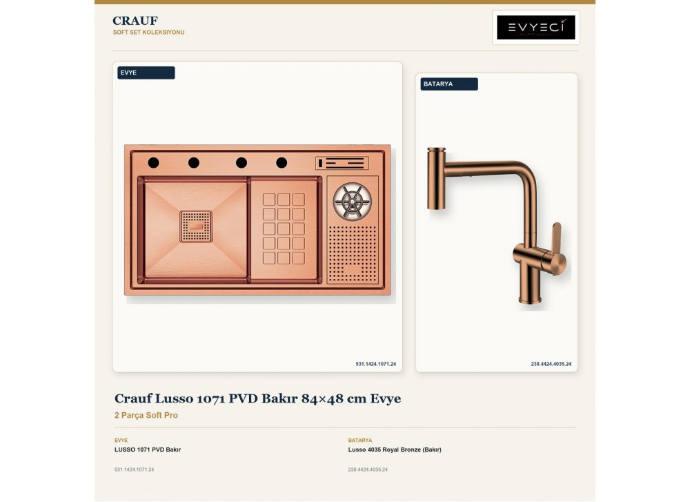 Crauf Lusso 1071 PVD Bakır 84×48 cm Evye + Lusso 4035 Royal Bronze (Bakır) Batarya | 2 Parça Soft Pro