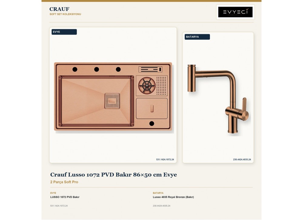 Crauf Lusso 1072 PVD Bakır 86×50 cm Evye + Lusso 4035 Royal Bronze (Bakır) Batarya | 2 Parça Soft Pro Crauf Lusso 1072 PVD Bakır 86×50 cm Evye + Lusso 4035 Royal Bronze (Bakır) Batarya | 2 Parça Soft Pro
