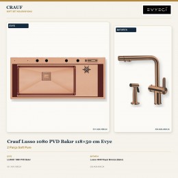 Crauf Lusso 1080 PVD Bakır 118×50 cm Evye + Lusso 4040 Royal Bronze (Bakır) Batarya | 2 Parça Soft Pure