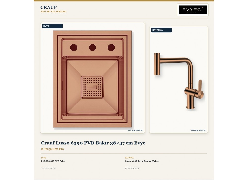 Crauf Lusso 6390 PVD Bakır 38×47 cm Evye + Lusso 4035 Royal Bronze (Bakır) Batarya | 2 Parça Soft Pro Crauf Lusso 6390 PVD Bakır 38×47 cm Evye + Lusso 4035 Royal Bronze (Bakır) Batarya | 2 Parça Soft Pro