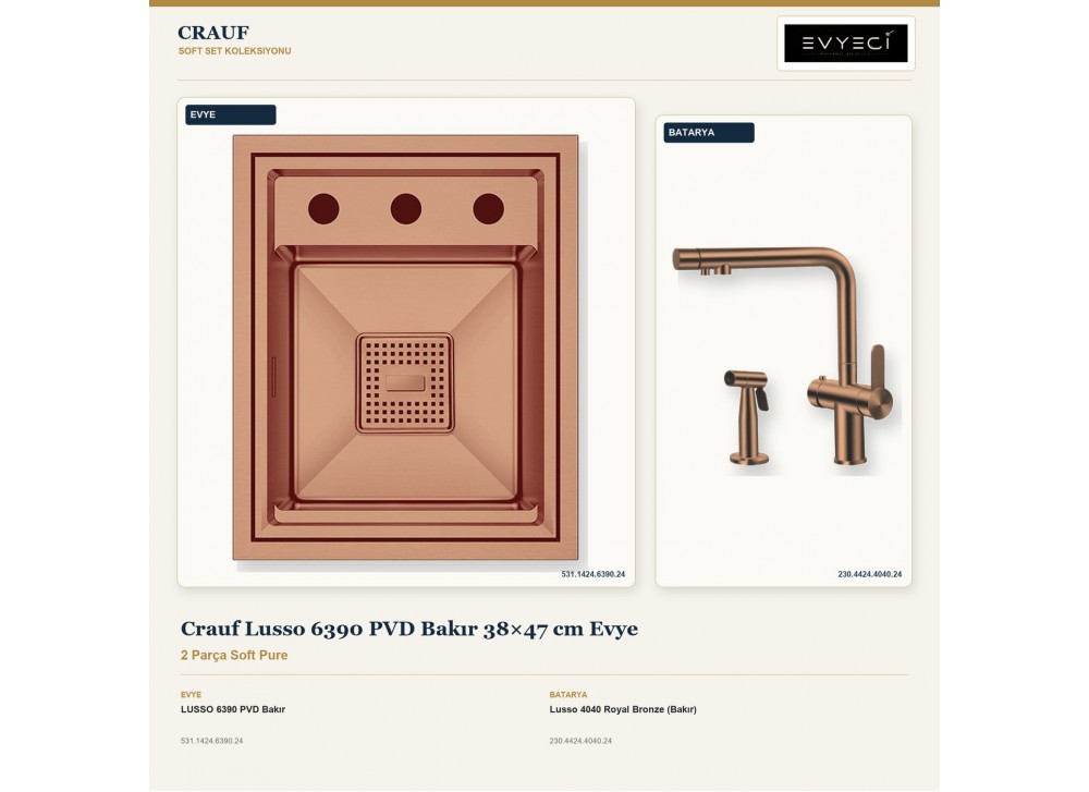 Crauf Lusso 6390 PVD Bakır 38×47 cm Evye + Lusso 4040 Royal Bronze (Bakır) Batarya | 2 Parça Soft Pure Crauf Lusso 6390 PVD Bakır 38×47 cm Evye + Lusso 4040 Royal Bronze (Bakır) Batarya | 2 Parça Soft Pure