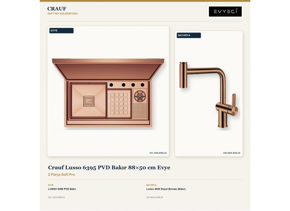 Crauf Lusso 6395 PVD Bakır 88×50 cm Evye + Lusso 4035 Royal Bronze (Bakır) Batarya | 2 Parça Soft Pro Crauf Lusso 6395 PVD Bakır 88×50 cm Evye + Lusso 4035 Royal Bronze (Bakır) Batarya | 2 Parça Soft Pro