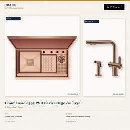 Crauf Lusso 6395 PVD Bakır 88×50 cm Evye + Lusso 4040 Royal Bronze (Bakır) Batarya | 2 Parça Soft Pure