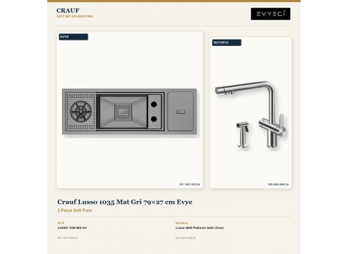 Crauf Lusso 1035 Mat Gri 79×27 cm Evye + Lusso 4040 Platinum Satin (İnox) Batarya | 2 Parça Soft Pure