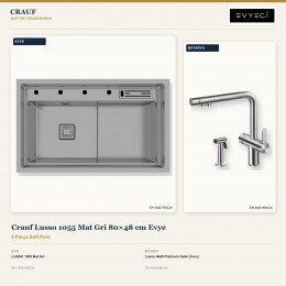 Crauf Lusso 1055 Mat Gri 80×48 cm Evye + Lusso 4040 Platinum Satin (İnox) Batarya | 2 Parça Soft Pure