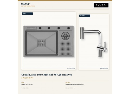 Crauf Lusso 1070 Mat Gri 76×48 cm Evye + Lusso 4035 Platinum Satin (İnox) Batarya | 2 Parça Soft Pro