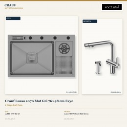 Crauf Lusso 1070 Mat Gri 76×48 cm Evye + Lusso 4040 Platinum Satin (İnox) Batarya | 2 Parça Soft Pure