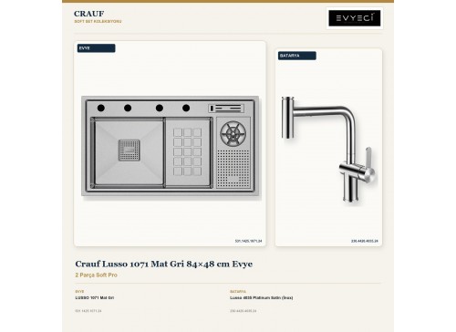 Crauf Lusso 1071 Mat Gri 84×48 cm Evye + Lusso 4035 Platinum Satin (İnox) Batarya | 2 Parça Soft Pro