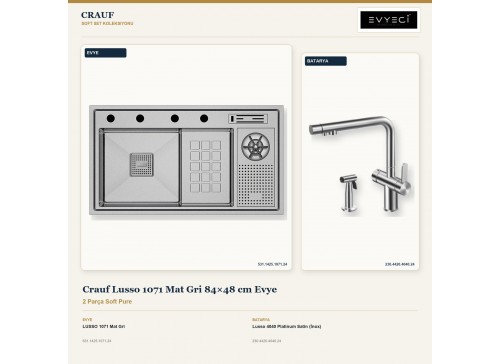 Crauf Lusso 1071 Mat Gri 84×48 cm Evye + Lusso 4040 Platinum Satin (İnox) Batarya | 2 Parça Soft Pure