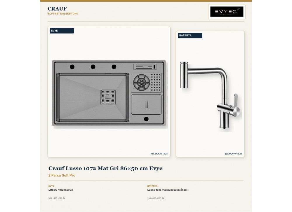 Crauf Lusso 1072 Mat Gri 86×50 cm Evye + Lusso 4035 Platinum Satin (İnox) Batarya | 2 Parça Soft Pro Crauf Lusso 1072 Mat Gri 86×50 cm Evye + Lusso 4035 Platinum Satin (İnox) Batarya | 2 Parça Soft Pro