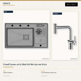 Crauf Lusso 1072 Mat Gri 86×50 cm Evye + Lusso 4035 Platinum Satin (İnox) Batarya | 2 Parça Soft Pro
