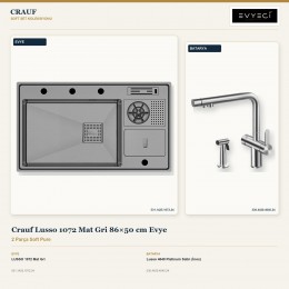 Crauf Lusso 1072 Mat Gri 86×50 cm Evye + Lusso 4040 Platinum Satin (İnox) Batarya | 2 Parça Soft Pure