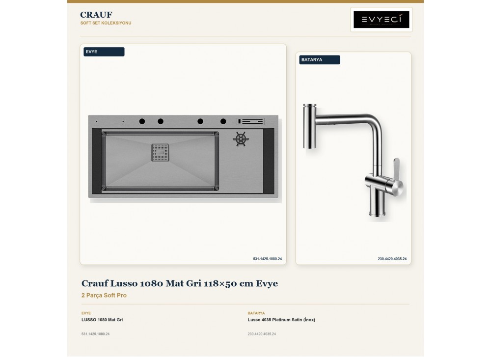 Crauf Lusso 1080 Mat Gri 118×50 cm Evye + Lusso 4035 Platinum Satin (İnox) Batarya | 2 Parça Soft Pro Crauf Lusso 1080 Mat Gri 118×50 cm Evye + Lusso 4035 Platinum Satin (İnox) Batarya | 2 Parça Soft Pro