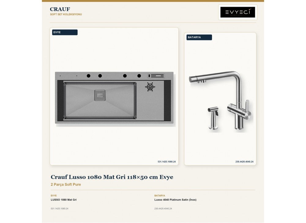 Crauf Lusso 1080 Mat Gri 118×50 cm Evye + Lusso 4040 Platinum Satin (İnox) Batarya | 2 Parça Soft Pure Crauf Lusso 1080 Mat Gri 118×50 cm Evye + Lusso 4040 Platinum Satin (İnox) Batarya | 2 Parça Soft Pure