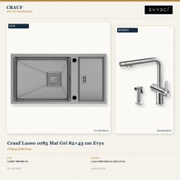 Crauf Lusso 1085 Mat Gri 82×43 cm Evye + Lusso 4040 Platinum Satin (İnox) Batarya | 2 Parça Soft Pure