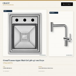 Crauf Lusso 6390 Mat Gri 38×47 cm Evye + Lusso 4035 Platinum Satin (İnox) Batarya | 2 Parça Soft Pro