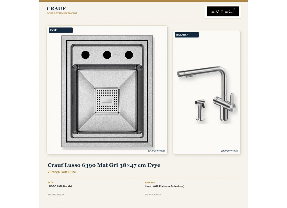 Crauf Lusso 6390 Mat Gri 38×47 cm Evye + Lusso 4040 Platinum Satin (İnox) Batarya | 2 Parça Soft Pure Crauf Lusso 6390 Mat Gri 38×47 cm Evye + Lusso 4040 Platinum Satin (İnox) Batarya | 2 Parça Soft Pure
