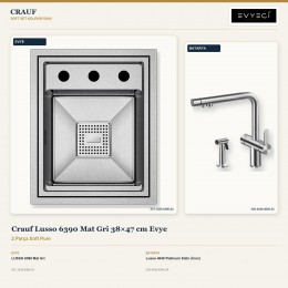 Crauf Lusso 6390 Mat Gri 38×47 cm Evye + Lusso 4040 Platinum Satin (İnox) Batarya | 2 Parça Soft Pure