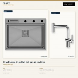 Crauf Lusso 6391 Mat Gri 64×49 cm Evye + Lusso 4035 Platinum Satin (İnox) Batarya | 2 Parça Soft Pro