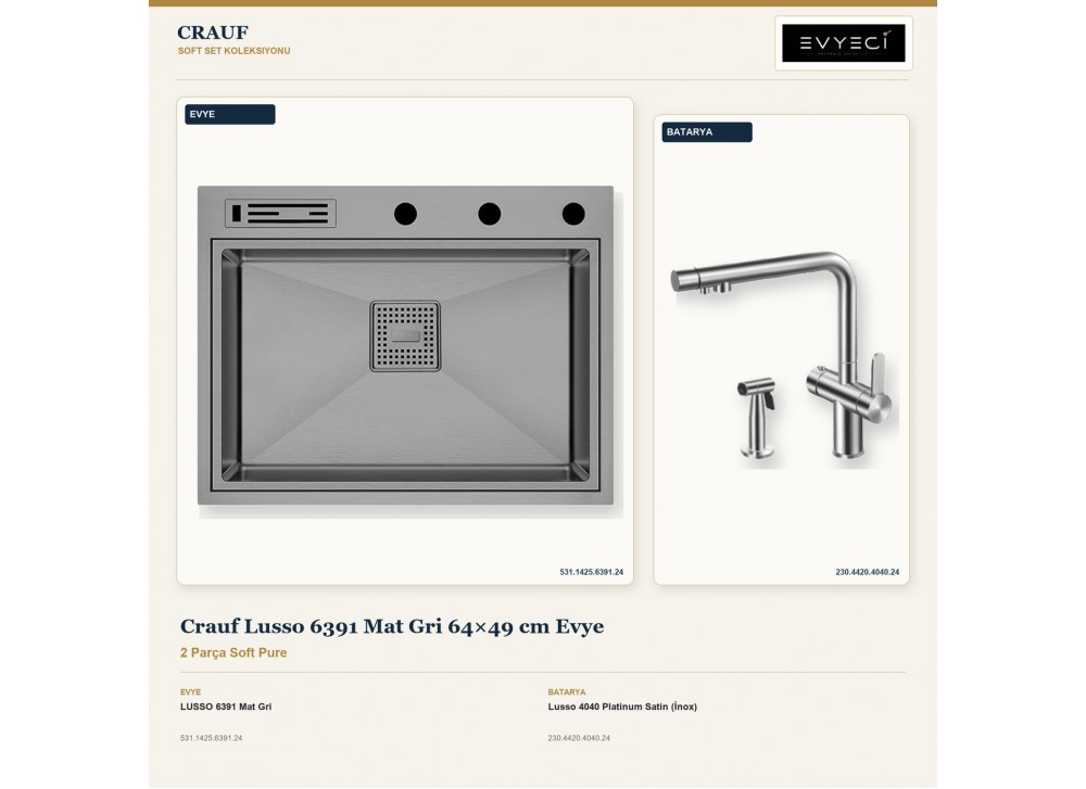 Crauf Lusso 6391 Mat Gri 64×49 cm Evye + Lusso 4040 Platinum Satin (İnox) Batarya | 2 Parça Soft Pure Crauf Lusso 6391 Mat Gri 64×49 cm Evye + Lusso 4040 Platinum Satin (İnox) Batarya | 2 Parça Soft Pure