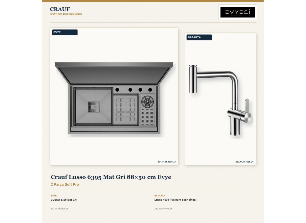 Crauf Lusso 6395 Mat Gri 88×50 cm Evye + Lusso 4035 Platinum Satin (İnox) Batarya | 2 Parça Soft Pro Crauf Lusso 6395 Mat Gri 88×50 cm Evye + Lusso 4035 Platinum Satin (İnox) Batarya | 2 Parça Soft Pro