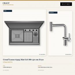 Crauf Lusso 6395 Mat Gri 88×50 cm Evye + Lusso 4035 Platinum Satin (İnox) Batarya | 2 Parça Soft Pro