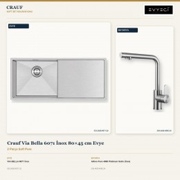 Crauf Via Bella 6071 İnox 80×45 cm Evye + Attivo Pure 4065 Platinum Satin (İnox) Batarya | 2 Parça Soft Pure