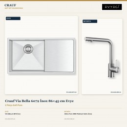 Crauf Via Bella 6072 İnox 86×45 cm Evye + Attivo Pure 4065 Platinum Satin (İnox) Batarya | 2 Parça Soft Pure