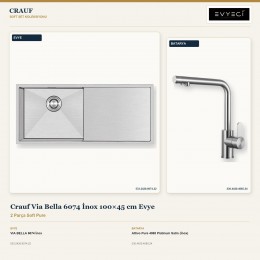 Crauf Via Bella 6074 İnox 100×45 cm Evye + Attivo Pure 4065 Platinum Satin (İnox) Batarya | 2 Parça Soft Pure