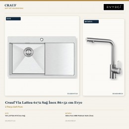 Crauf Via Lattea 6172 Sağ İnox 86×51 cm Evye + Attivo Pure 4065 Platinum Satin (İnox) Batarya | 2 Parça Soft Pure