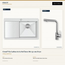 Crauf Via Lattea 6172 Sol İnox 86×51 cm Evye + Attivo Pure 4065 Platinum Satin (İnox) Batarya | 2 Parça Soft Pure